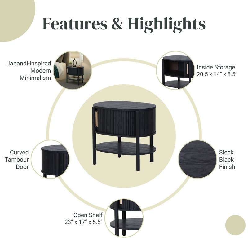 Acelyn Tambour Nightstand/Side Table, Black