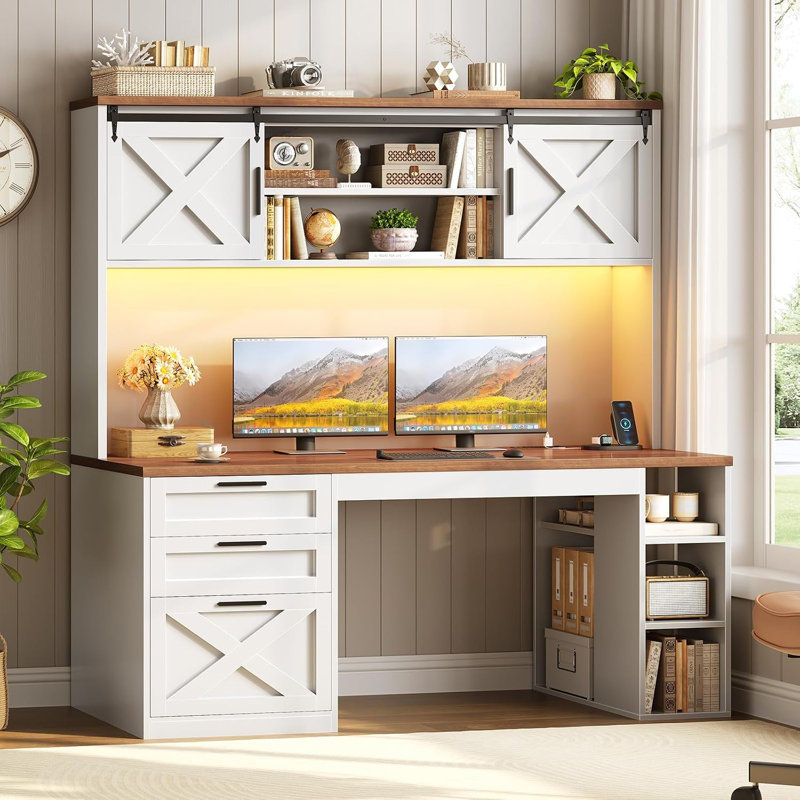 55.1" Farmhouse Desk Office Desk with Drawers Computer Desk With Storage Cabinet, null