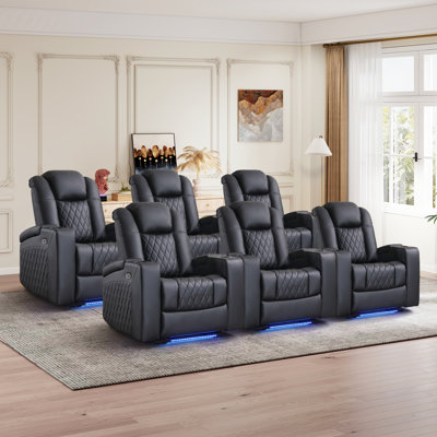 34.6" Wide Faux Leather Power Reclining Home Theater Seating Chair with Arm Storage&Dual Cup Holders&USB Charging Port&Ambient Lighting