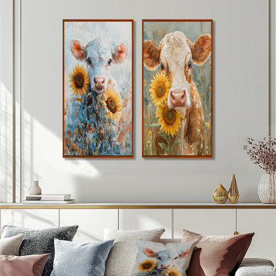 Vache, peinture avec pivoines V - animaux, art mural 2 pièces