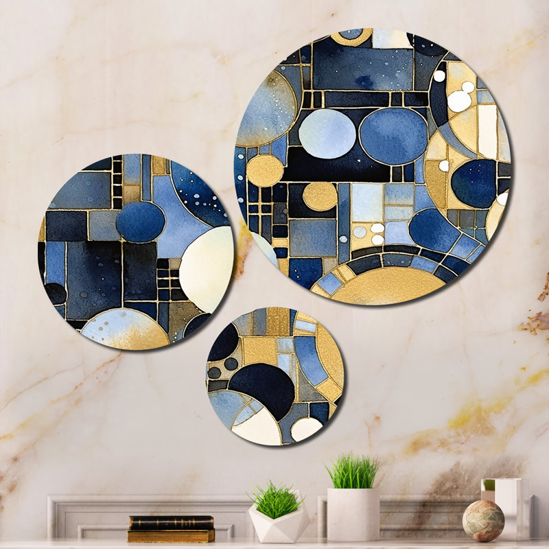 Ensemble de 3 décorations murales à motifs abstraits avec textures bleues et dorées XXII