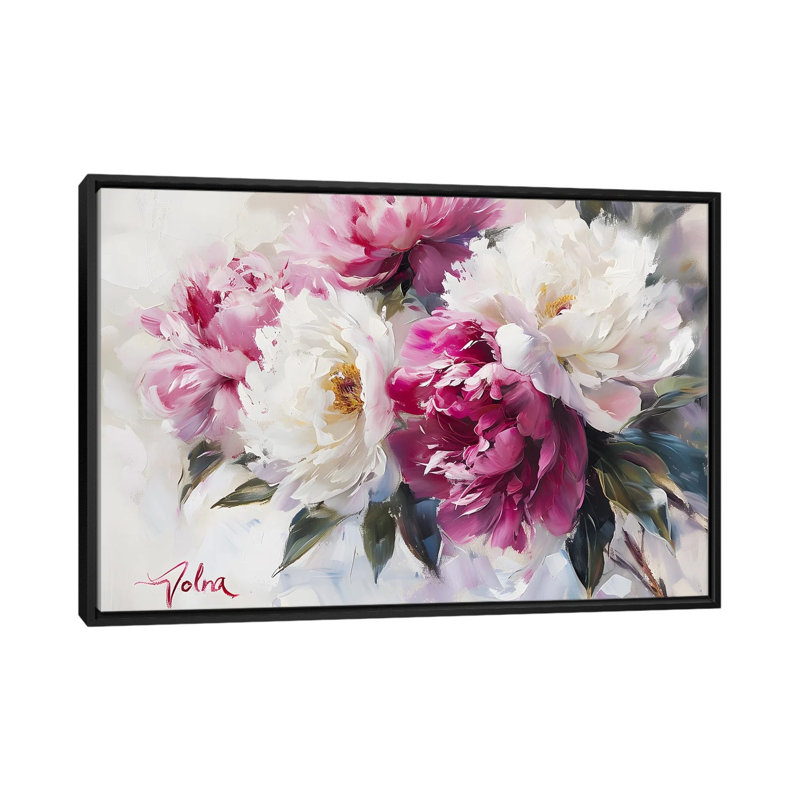 White And Pink Peonies - Framed Wall Art Print, 18" H x 26" W, Black, Framed Print without Mat