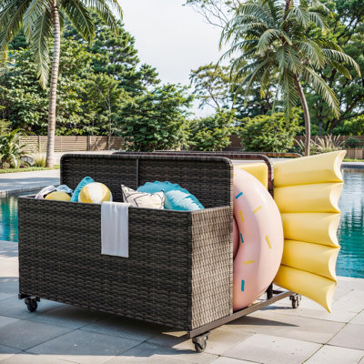 Rolling 3-Section Pool Float Storage Organizer with Wheels, Outdoor PE Rattan Wicker Caddy for Poolside, Patio & Deck, All-Weather for Life Vests, Balls, Toys