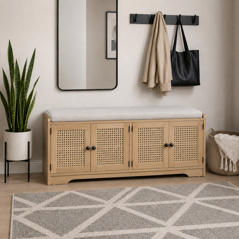 Farmhouse Rattan Door Storage Bench with Cushioned Seat, Adjustable Shelves, Multifunctional Wood Shoe Bench for Entryway, Hallway and Living Room