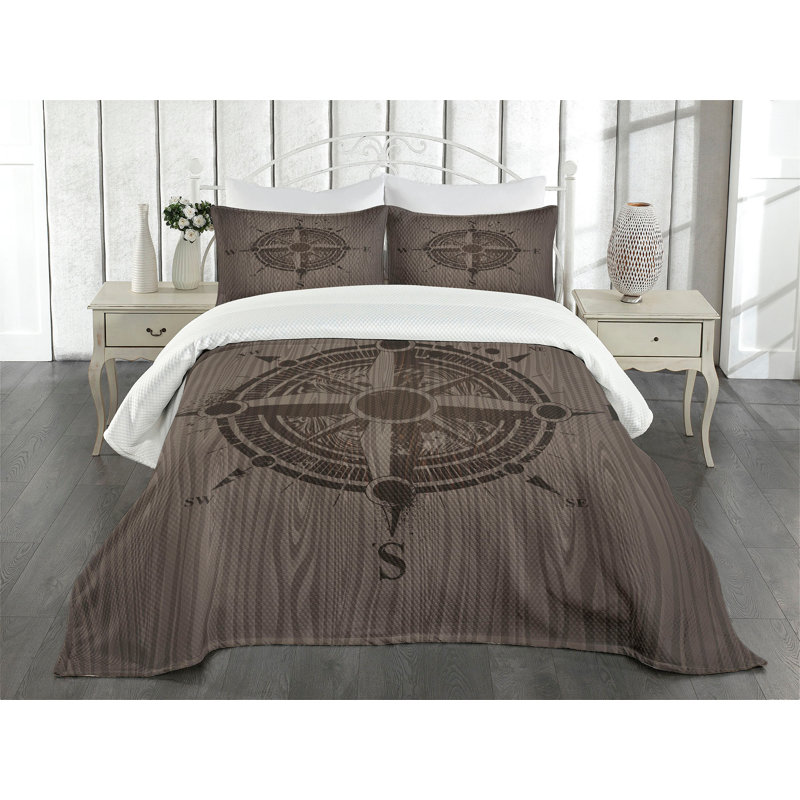Ambesonne Compass Bedspread Set Drawing Style Umber Dark Brown, King Bedspread + 2 Standard Shams