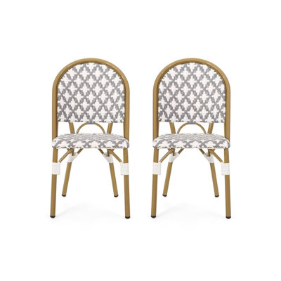 Set of 2 French Bistro Outdoor Chairs, PE Rattan & Aluminum Frame, Bamboo Finish Patio Seating in Gray and White