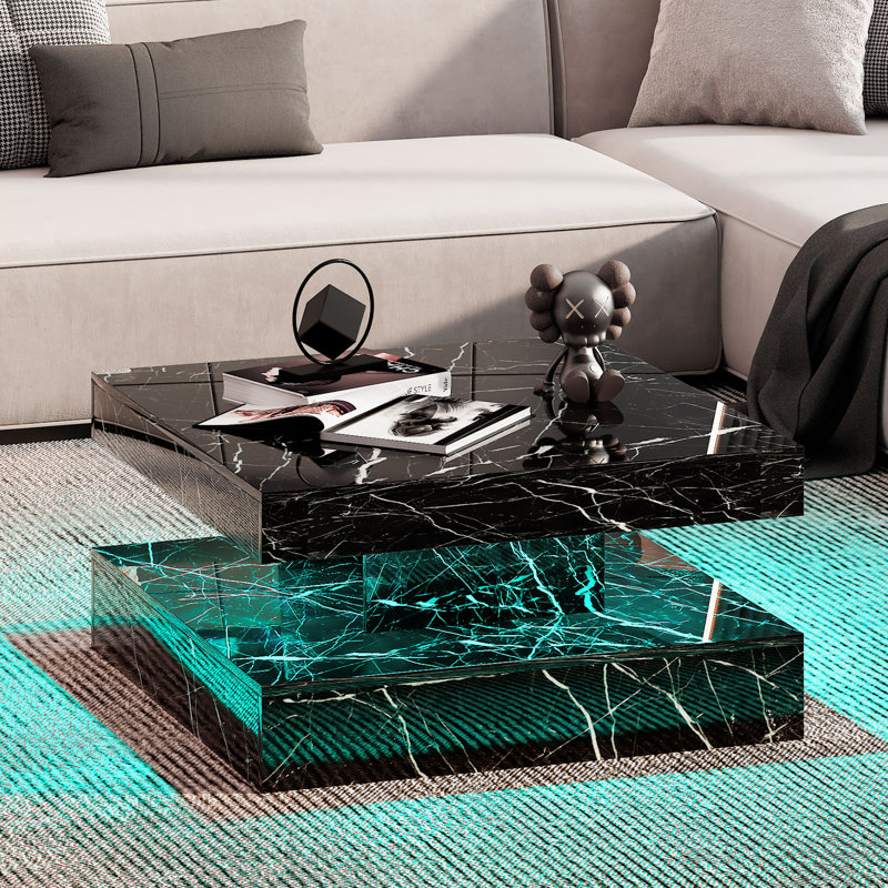 Charvez Solid Coffee Table with 16 Colors LED Lights, 78 x 78 cm, 35.5cm H x 78cm W x 78cm D, Black Marble