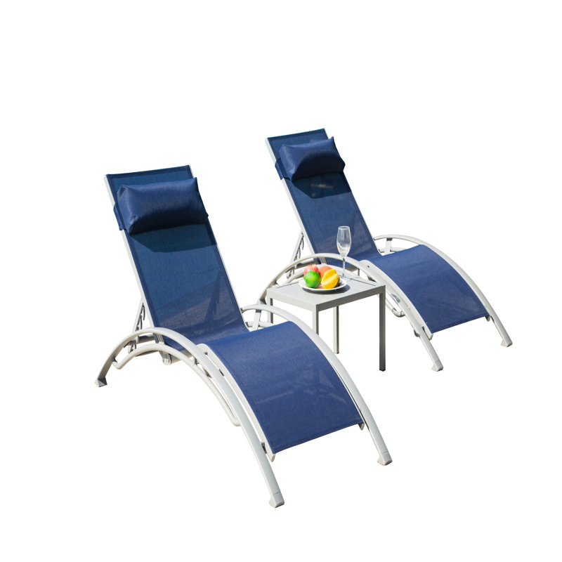 Of 3 Blue Adjustable Pool Lounge Chairs - Aluminum Outdoor Chaises With Metal Side Table 5 Positions, Ergonomic Comfort For Lawn Deck Poolside 3 Chair Adjustable, Rustproof Aluminum, All-Weather  Blue