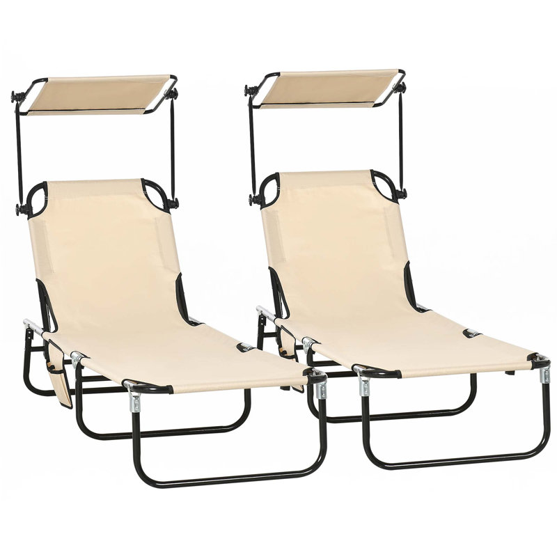 Outsunny Folding Chaise Lounge Pool Chairs, Outdoor Sun Tanning Chairs With Canopy Shade, Reclining Back
