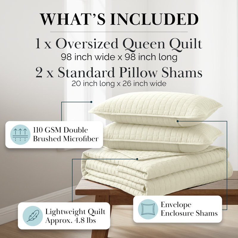Ensemble de courtepointe surdimensionnée Southwest Fine Linens, Courtepointe double/grand et 2 taies décoratives, Blanc cassé