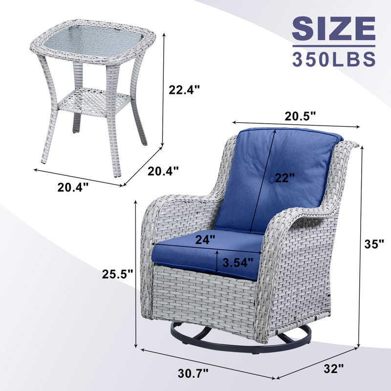 Schutt 3 Piece Outdoor Wicker Seating Group with Rocking & Swivel Chairs and Cushions, Navy