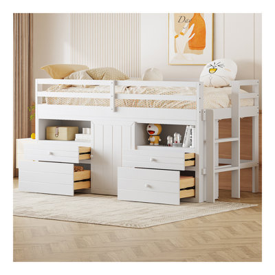 Lit mezzanine simple avec 4 tiroirs, sous l'armoire et les tablettes