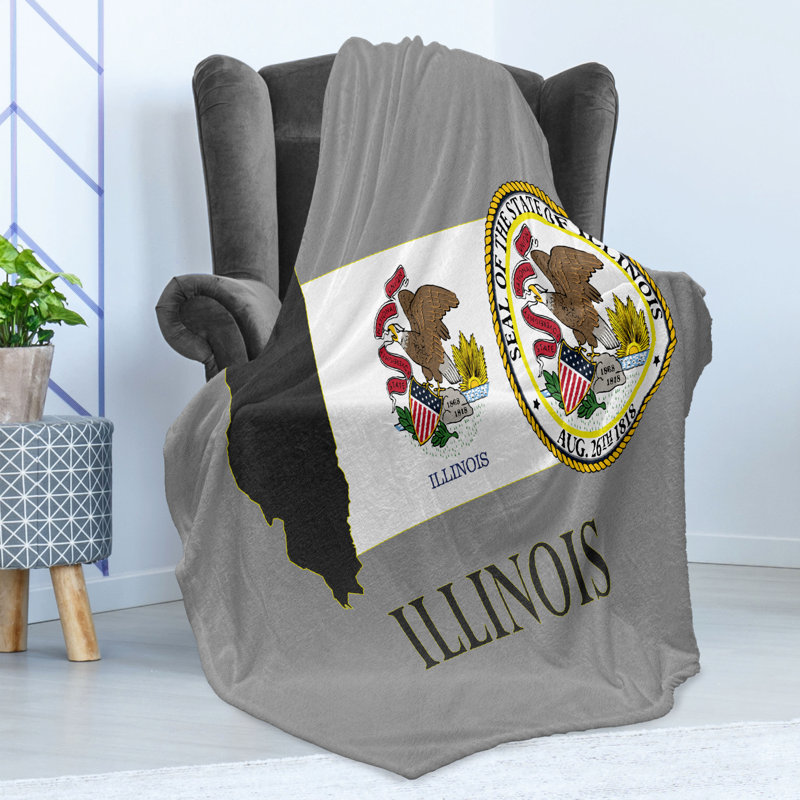 Ambesonne Illinois Fleece Throw Blanket State Map and Flag Eagle, 50" W x 60" L