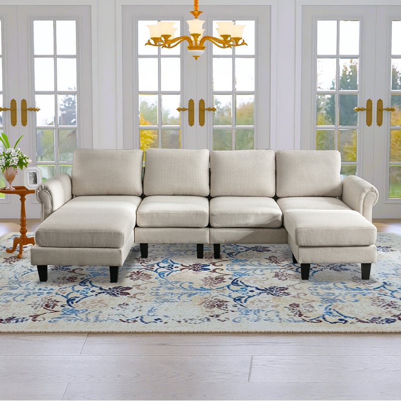 Canapé modulaire avec repose-pieds et méridienne 108,66 po Charlotte, 100 % polyester beige