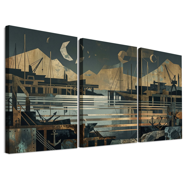 Ensemble de 3 toiles murales représentant un port industriel en bronze et bleu, H 18 po x l 12 po x 3 pièces