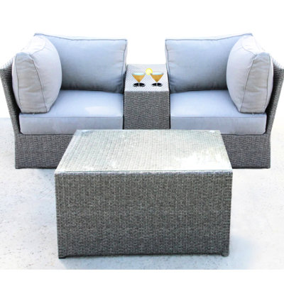 All-Weather 2 Sectional Seating Group With Cushions, Fully Ready Outdoor , Modular In Two Parts, Side Table Convenient Cupholders, Glass-Topped Coffee , Comfortable Foam Table, No Assembly Needed