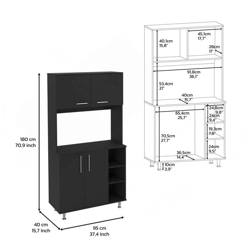 Armoire de cuisine double à quatre portes, trois tablettes, noir, Noir