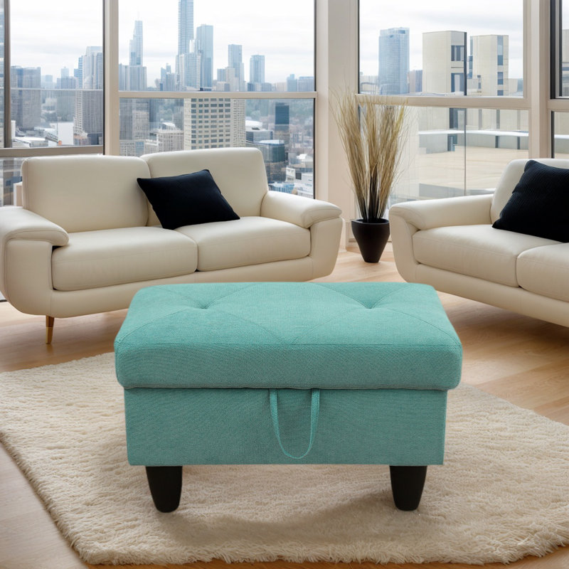 Rehmaan Upholstered Storage Bench, Aqua Blue 100% Cotton