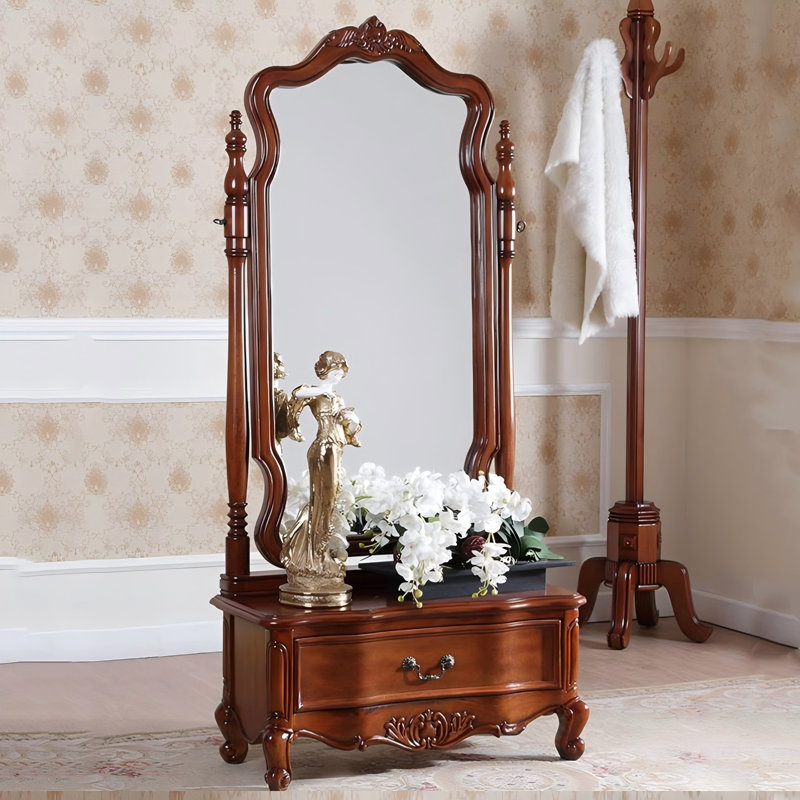 Retro Solid Wood Dressing Mirror with Drawers