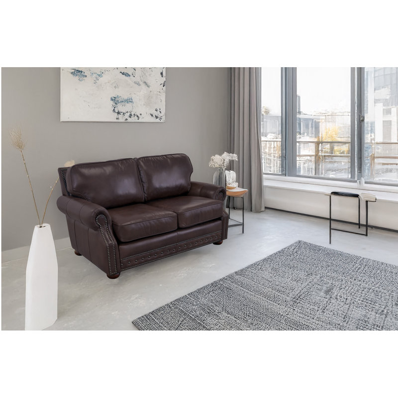 Causeuse à accoudoirs roulés en cuir véritable 74 po Speroni, Cuir véritable espresso Brompton