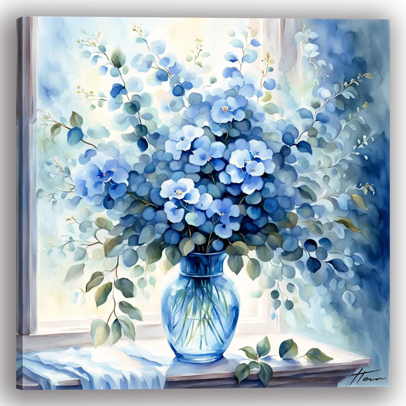 Elegant Blue Floral Arrangement in a Glass Vase Wrapped Canvas Wall Art, 20" H x 20" W x 1.5" D