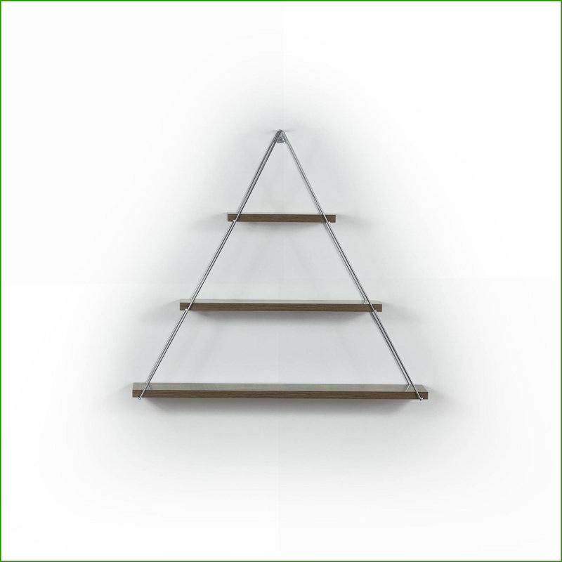 Wall Mounted Shelf, Rustic Floating Triangle Metal Bracket for Books, Walnut Brown/Chrome Silver | Walnut | Solid Wood