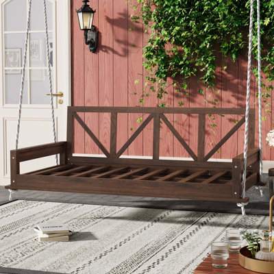 Cadre de lit suspendu en bois d'acacia pour lit de patio simple avec balançoires de 16,4 pi pour jardin et cour