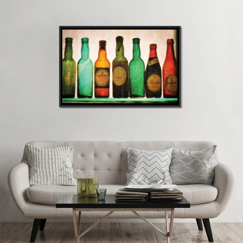 « rétro guiness bouteilles », impression sur toile, H 18 po x l 26 po x P 1,5 po, Toile avec cadre noir, Pas de tapis