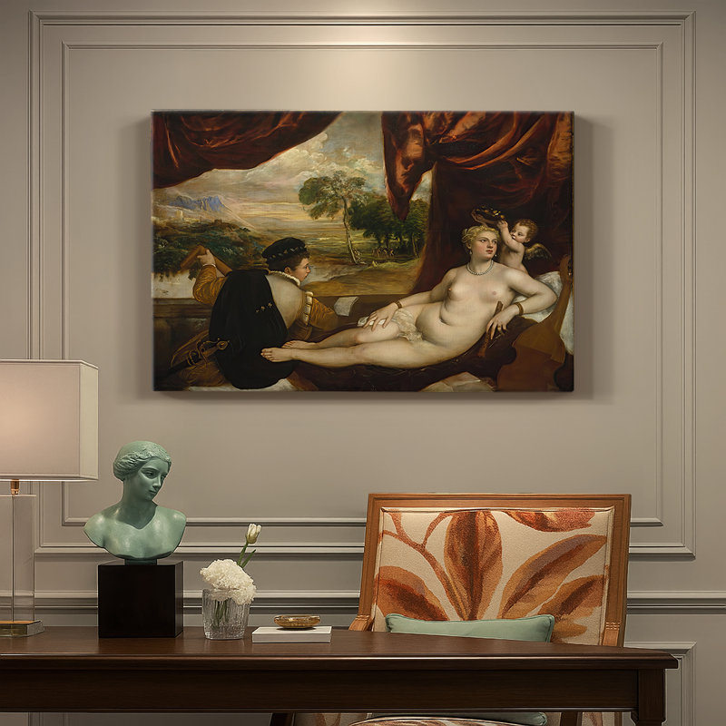 Venus and the Lute Player-Titian-Gallery, toile tendue-c. 1565-1570, 24 po x 36 po