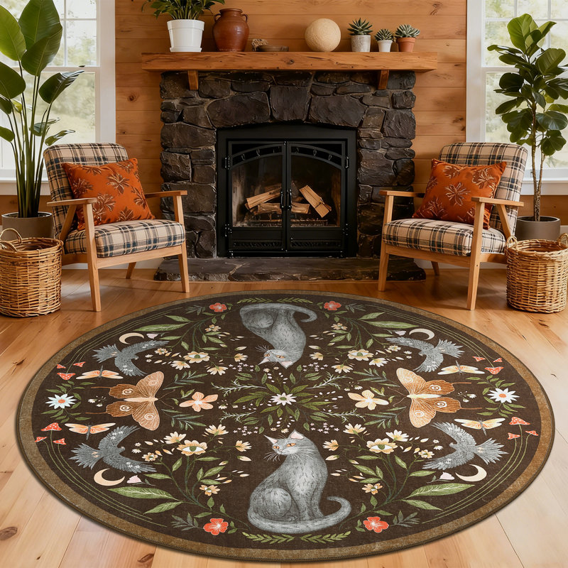 Tapis floral et chat lavable pour salle de bain, salon et chambre à coucher, Brun, Rond 60 po x 60 po
