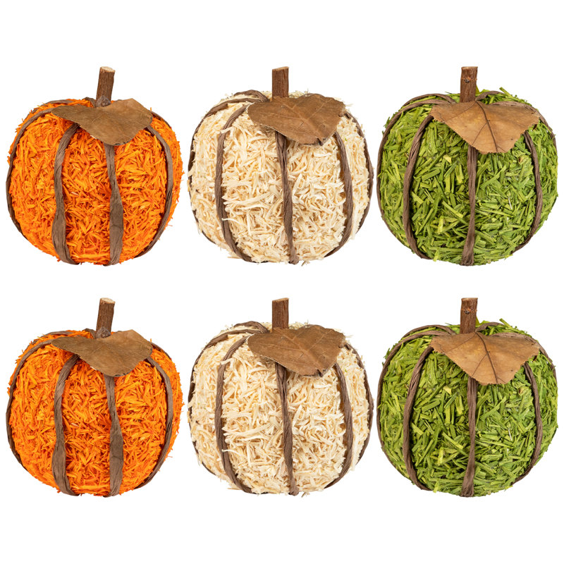 Décorations de récolte d'automne texturée en bois déchiqueté - 3,5 po - orange et vert - ensemble de 6