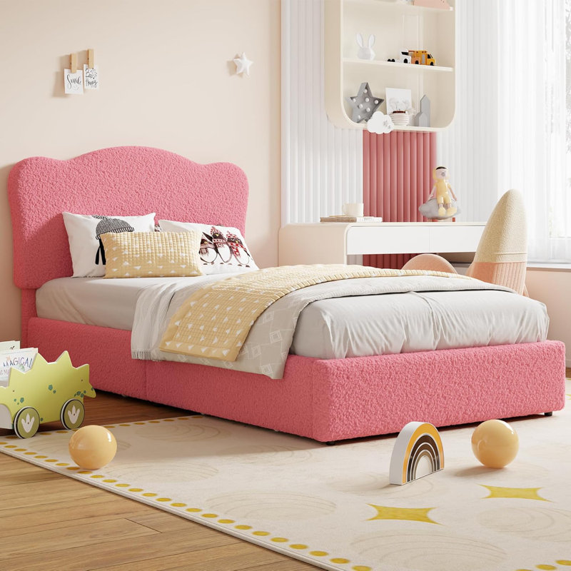 Twin Bed Frame for Kids with 2 Drawers, Velvet Twin Bed for Girls, Boys, Sturdy Platform Bed, No Box Spring Needed, Noise Free, Pink