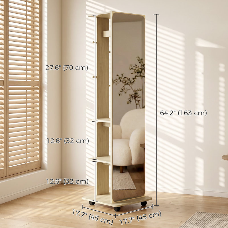 Miroir pleine grandeur, miroir en verre trempé roulant, bois naturel