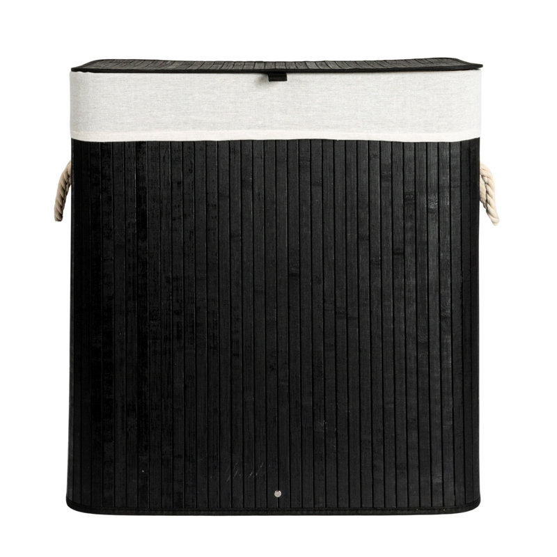 Bamboo Double Laundry Hamper with Rope Handles, Lid and Removable Machine Washable Laundry Bag, 39-Gallons, Black