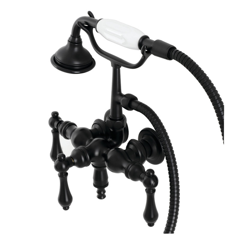 Kingston Brass Aqua Vintage Three-Handle 2-Hole Tub Wall Mount Clawfoot Tub Faucet with Hand Shower, Matte Black