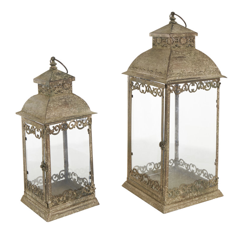 Metal Distressed Vintage Inspired Ornate Scroll Indoor Outdoor Brown Candle Lantern Set