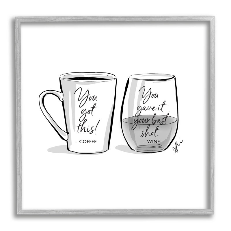 Drôle de café et de vin, estampe numérique encadrée par Alison Petrie, H 12 po x l 12 po x P 1,5 po