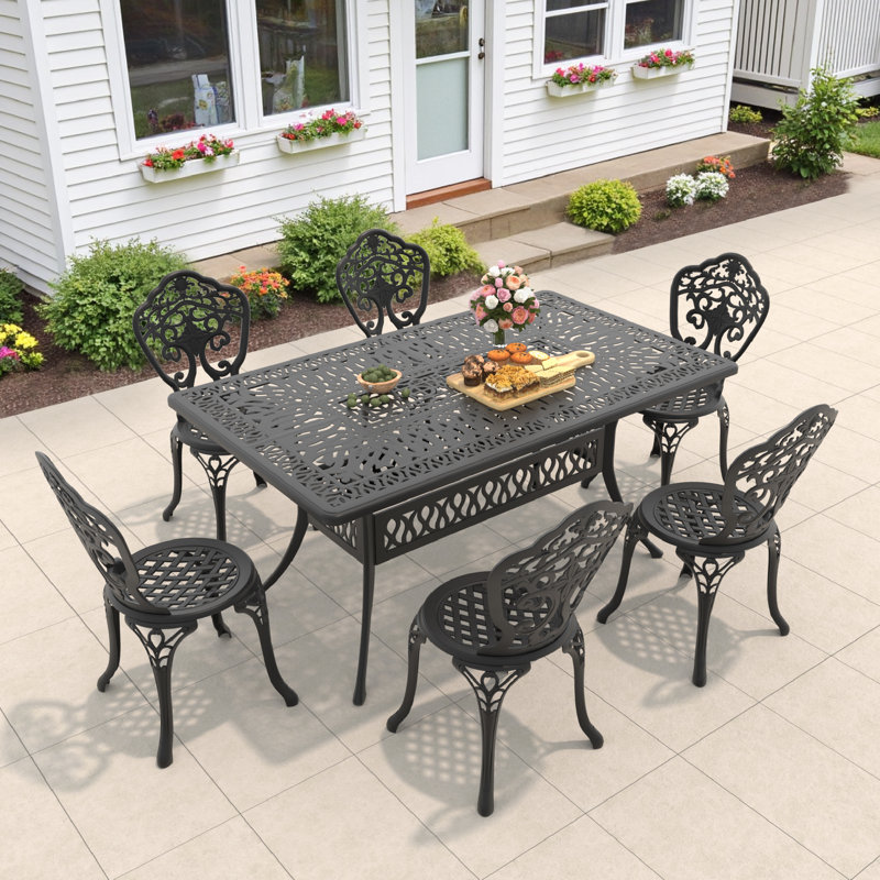 Black Outdoor Aluminum Rectangle Dining Set, Compact Size Chair (Seat Width:15.35"), Umbrella Hole, Weather-Resistant, 6