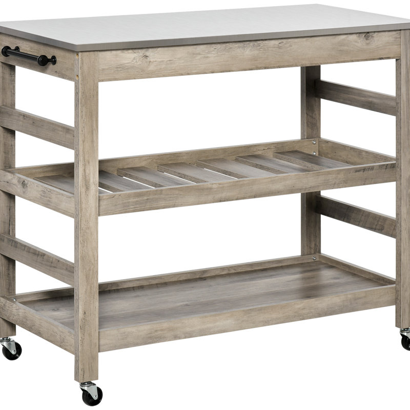 Chariot pour îlot de cuisine gris avec table en acier inoxydable - 2 tablettes, tablette centrale à fentes, 4 roues pour rangement fonctionnel