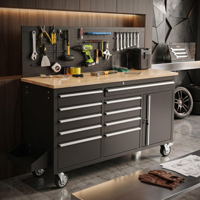 61" Workbench, Heavy Duty Wood Top Work Table with Drawers and Pegboard, Work Bench Organizers with Power Outlet, Wheels, Mobile Workstation for Garage, Workshop