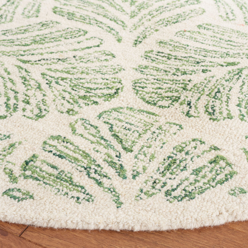 Rachell Avalyn Floral Handmade Tufted Wool Area Rug in Ivory / Green, Round 6'