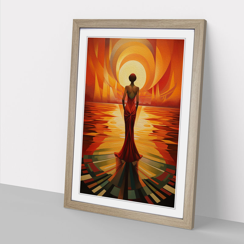 Sunset Art Deco - Single Picture Frame Print on Wood, Oak, 64cm H x 46cm W x 2cm D