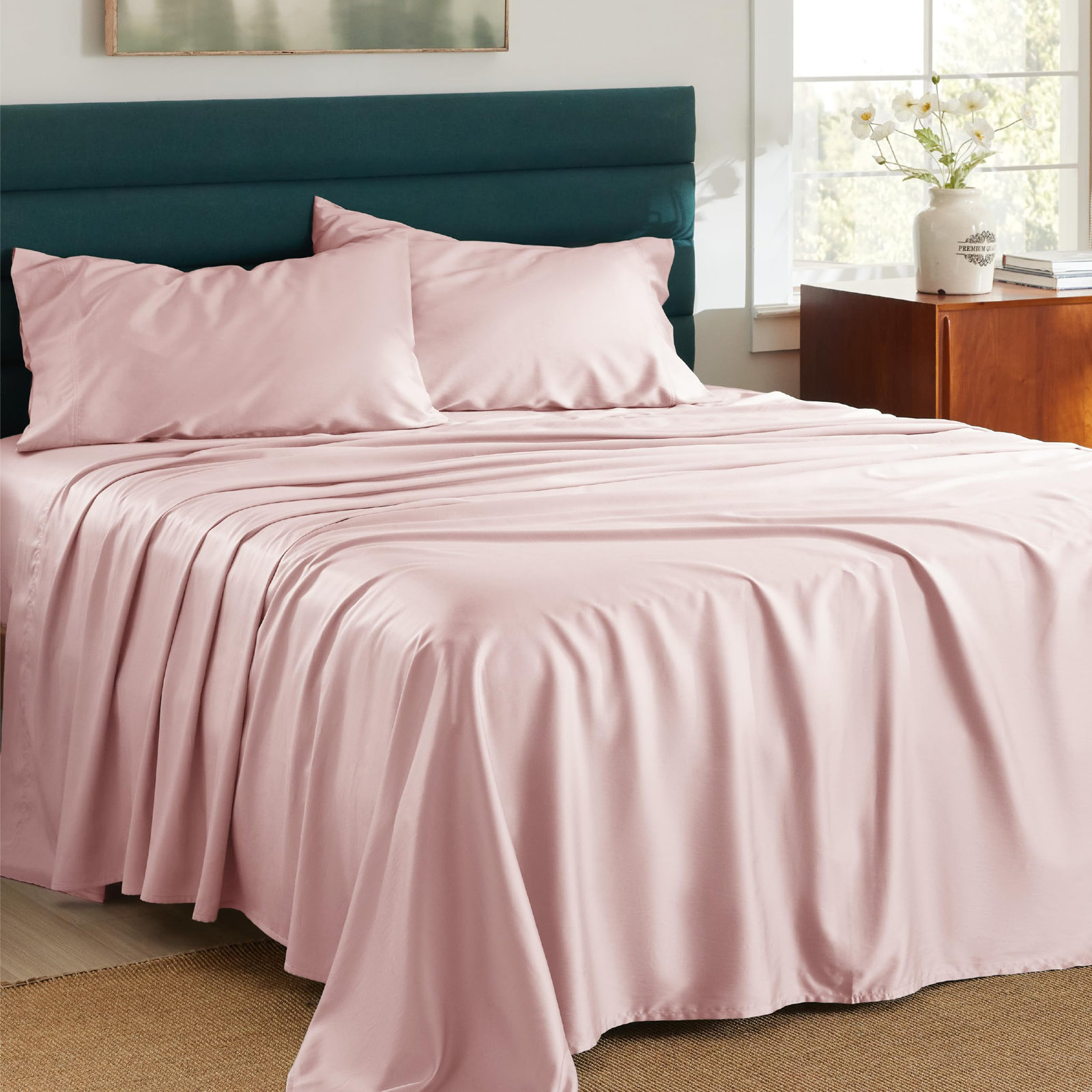 Bedsure Lyocell Cotton Sheet Set 300TC, Queen Sheet Set with 1Fitted Sheet and2Pillowcases, Pink