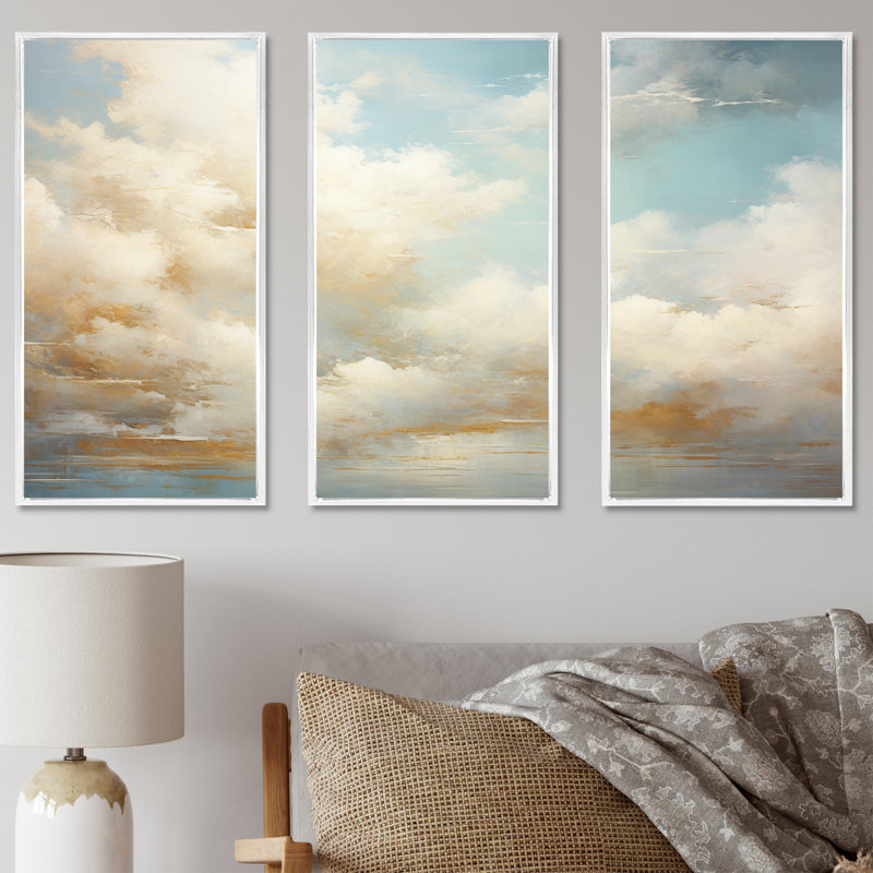 «Beige Gold Minimalisme Clouds I», ensemble d'art mural nuages, Cadre flottant blanc, H 32 po x l 48 po x P 1 po