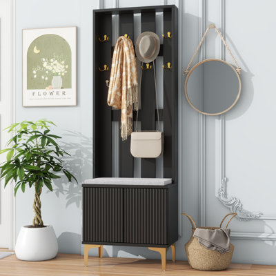 Modern 4-in-1 Hall Tree with Cushion Bench, Fluted Doors, Gold Hooks & Legs, Adjustable Shelves, Entryway Storage Rack, 23.6"*70.8" by Mercer41
