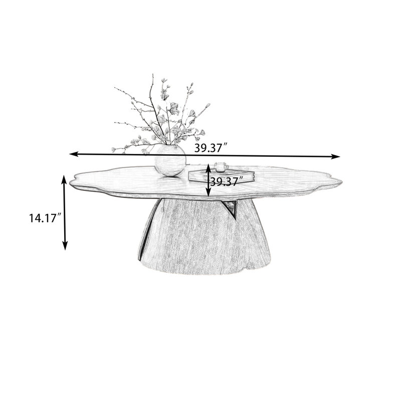 Table basse noyer en forme de pétale avec base en travertin