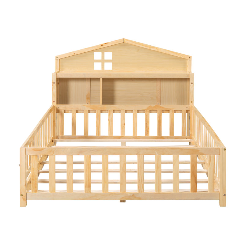 Lit double Montessori avec bibliothèques et tableaux noirs, lits plateforme polyvalents avec garde-corps, lits au sol en bois massif avec têtes de lit avec rangement, lits au sol