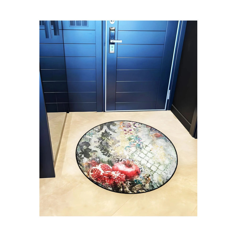 Ethnic Pattern And Pomegranate Detailed Woven Base Modern Decorative Carpet, Round 4'