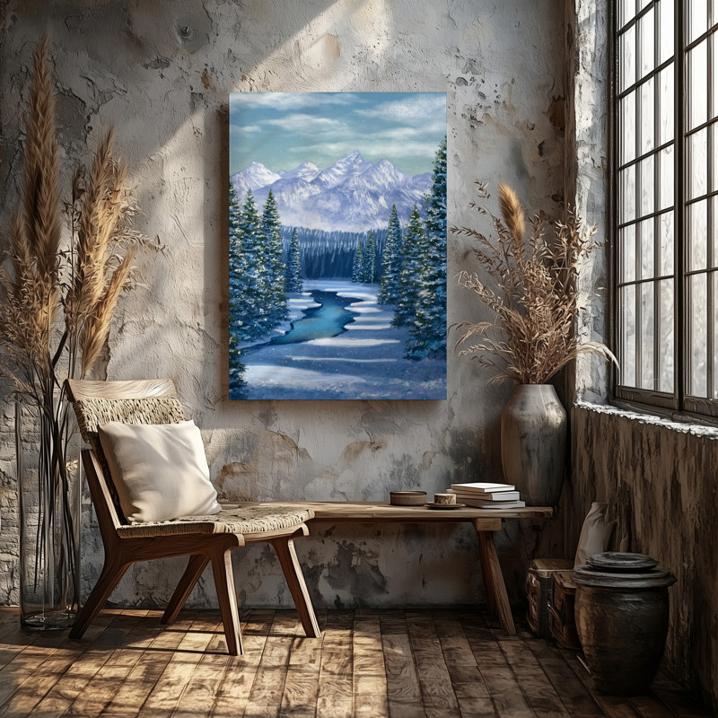 Toile, "Un paysage d'hiver serein avec une rivière tranquille recouverte de neige qui traverse une forêt dense d'arbres à feuilles persistantes"