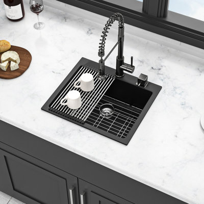 Évier de cuisine en quartz noir de 25 po x 22 po, solide et avec ouverture de drain standard pour commodité Accessoires de 25 po x 22 po inclus